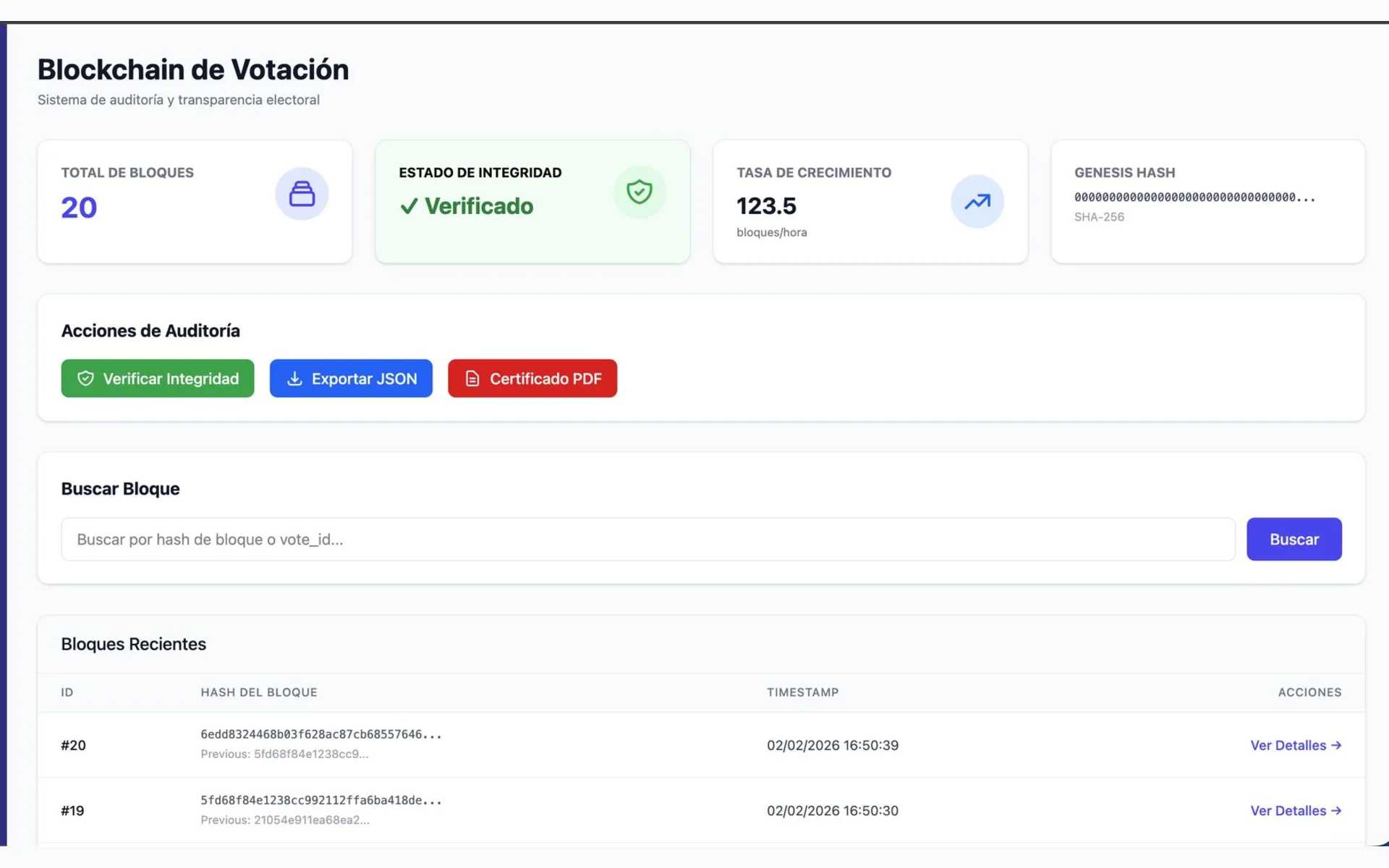 Vista de blockchain de votación con verificación de integridad y bloques encadenados