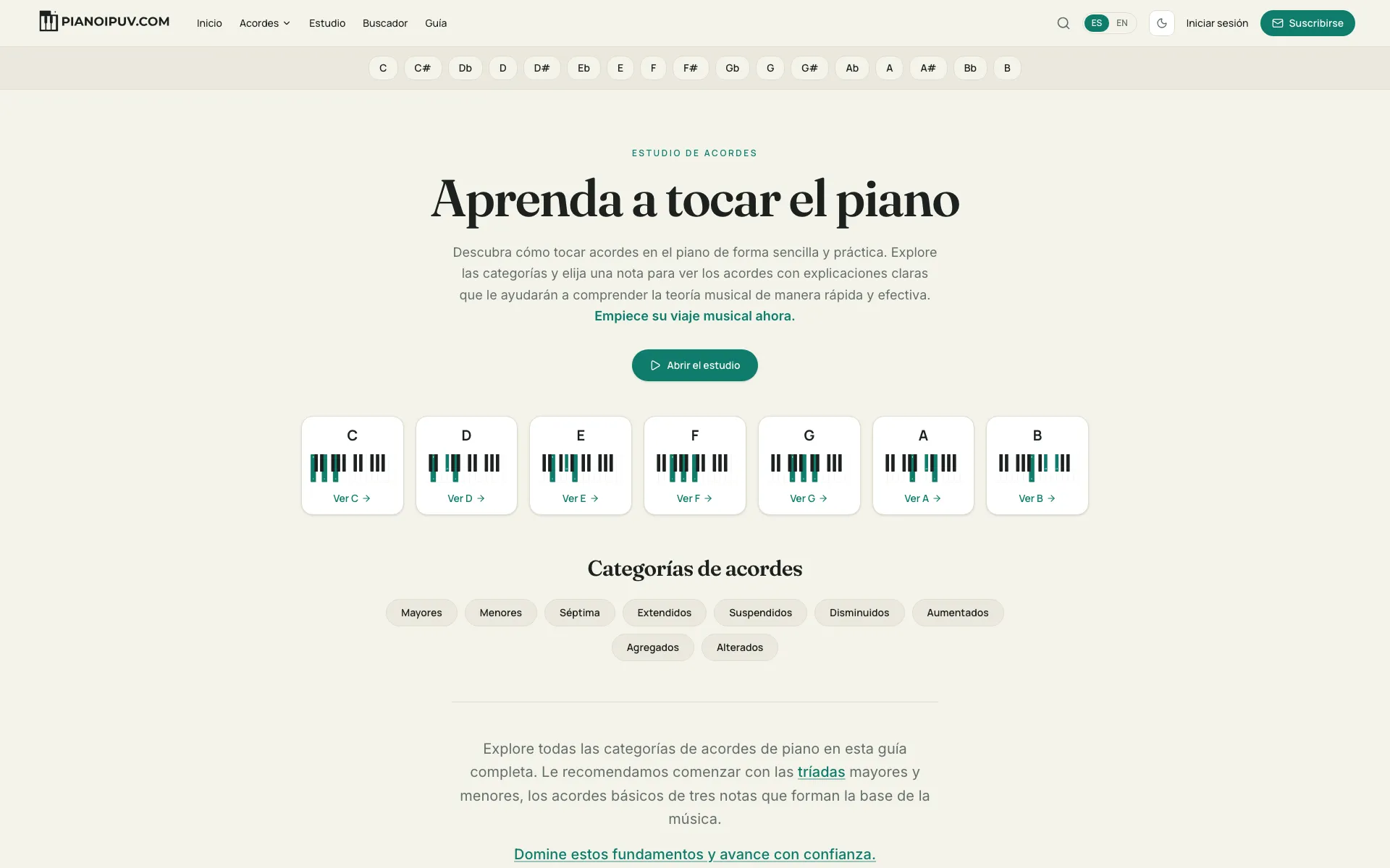 Estudio de acordes de Piano IPUV con diagramas de teclado